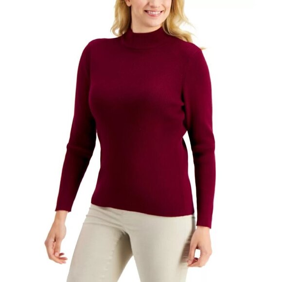 Karen Scott Womens Size XS Cotton Solid Rib Mock-Neck Sweater Merlot Red 1466 - Picture 1 of 7